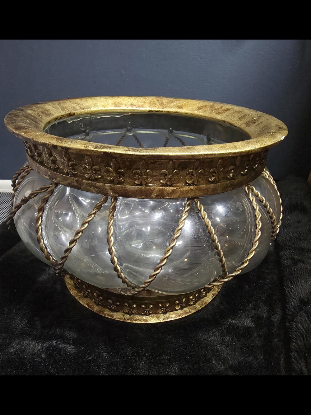 Caged Bubble Glass Bowl Twisted Wire Fleur De Lis
